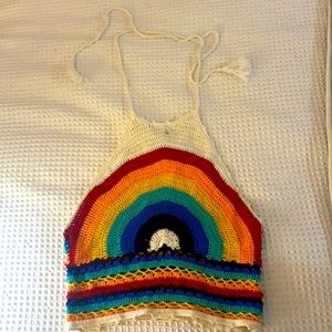 Knit rainbow crop tie halter top